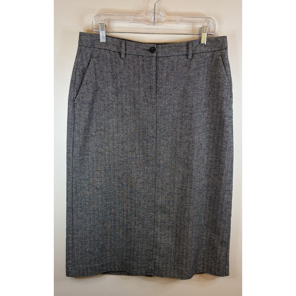 LL BEAN Women Gray Herringbone Midi Pencil Skirt 12 Petite Lined Career Academia